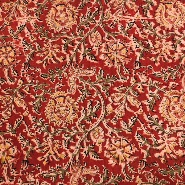 Pure Cotton Kalamkari Rust Red With Flower Jaal Screen Print Fabric