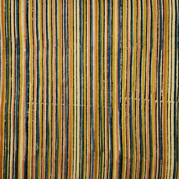 Pure Cotton Kalamkari Stripes Mustrad And Blue  With Pink Hand Block Print Fabric