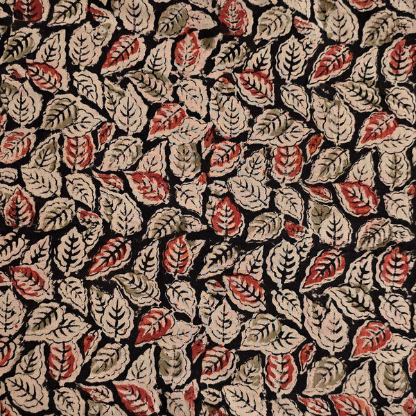 Pure Cotton Kalamkari black With Cream And Red Leaves Jaal Hand Block Print Fabric