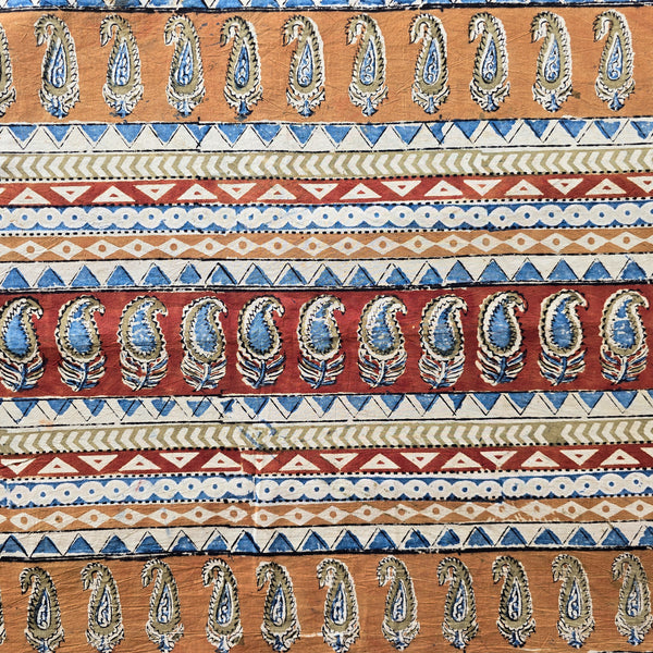 Pure Cotton Kalamkari Mustard With Red And Rust Blue With Mehandi Green Kairi Design Border Hand Block Print Fabric