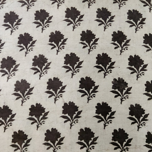 ( Pre-Cut 2 Meter ) Pure Cotton Kashish Cream With Grey Flower Motif Hand Block Print Fabric