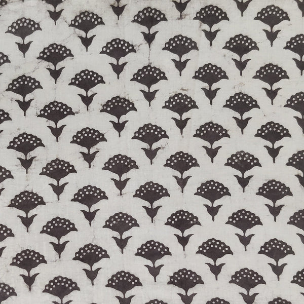 (Pre Cut 1 Meter )Pure Cotton Kashish Cream With Grey Flower Motifs Hand Block Print Fabric