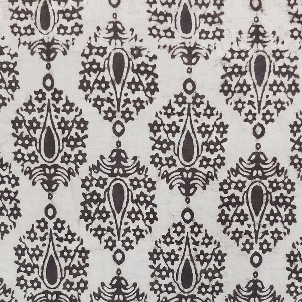 Pre-cut 1.95 meter pPure Cotton Kashish Cream With Grey Intricate Motif Hand Block Print Fabric