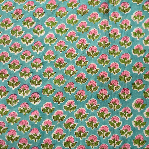 Pure Cotton Light Blue With Tiny Pink And Green Flower Motif Hand Block Print Fabric