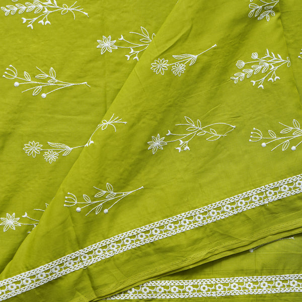 ( Width 44 Inches )Pure Cotton Light Green With White  Assorted Flower Plants Embroidered Fabric