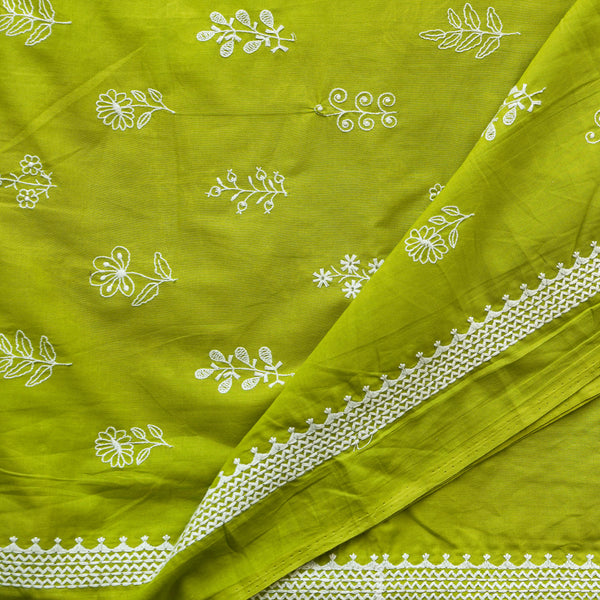 ( Width 44 Inches)Pure Cotton Light Green With White Small Assorted Flower Plants Embroidered Fabric