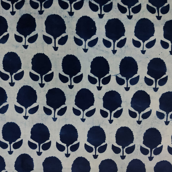 ( Pre-Cut 0.80 Meter ) Pure Cotton Light Indigo With Dark Indigo Flower Bud Hand Block Print Fabric