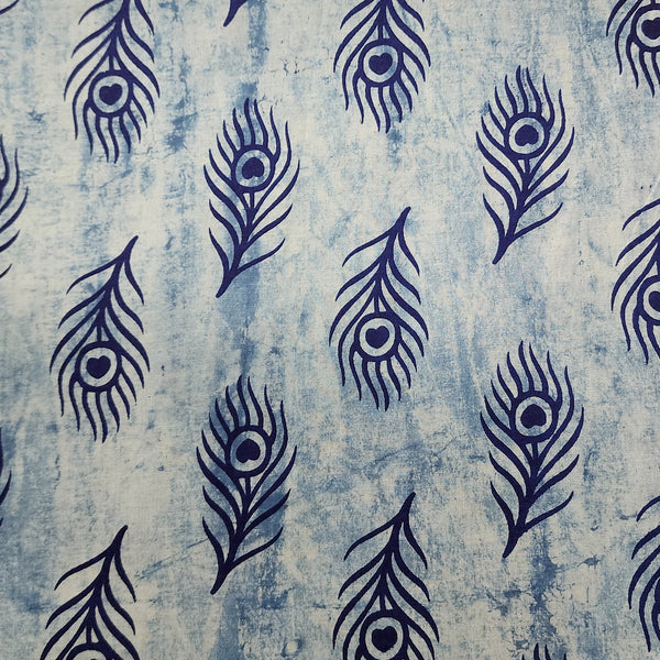 Pure Cotton Light Indigo With Peacock Feather Hand Block Print Fabric