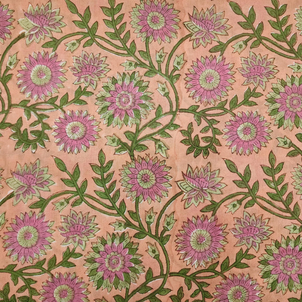 Pure Cotton Light Peach With Pink Flower With Green Jaal Hand Block Print Fabric