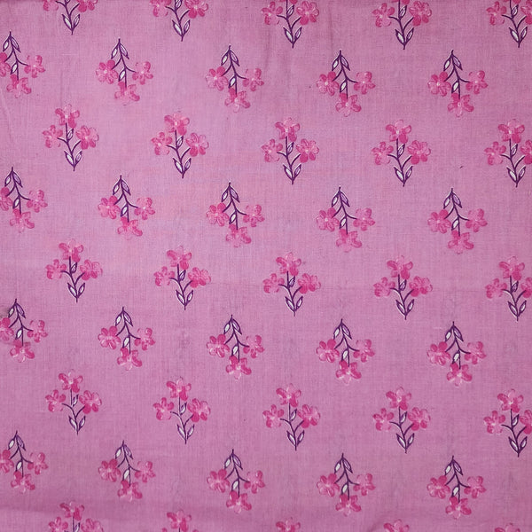 Pure Cotton Light Pink With Dark Pink Flower Plant Motif Screen Print Fabric