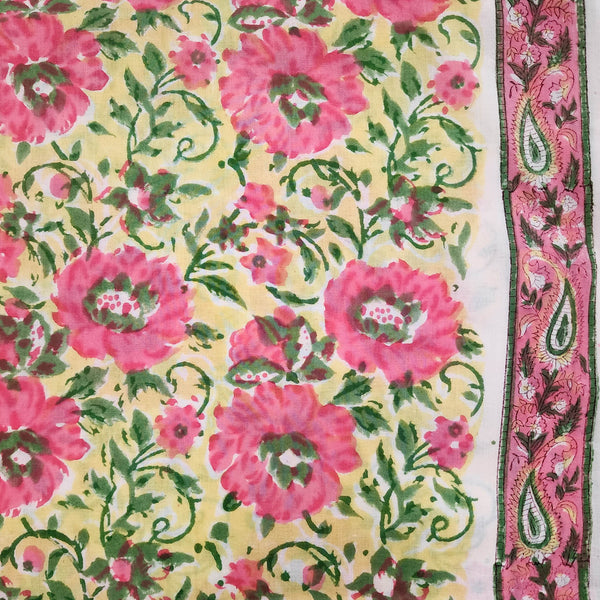 Pre Cut (0.80 Meter) Pure Cotton Light Yellow With Pink And Green Iris Flowers Jaal Hand Block Print Fabric