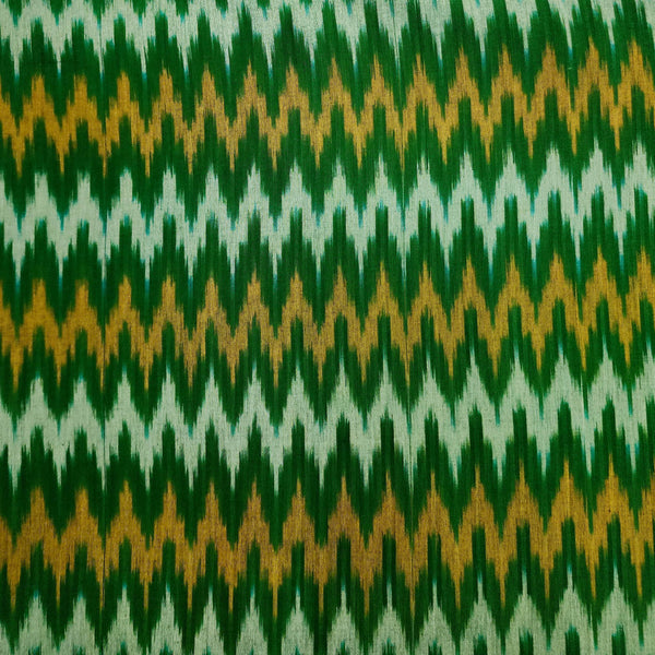 Pure Cotton Mercerised Dark Green With Cream And Mustard Zig-Zag All Over Woven Fabric