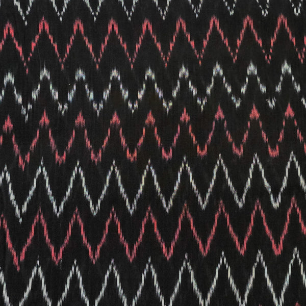 Pure Cotton Mercerised Ikkat Black With Cream And Pink Zig Zag Woven Fabric