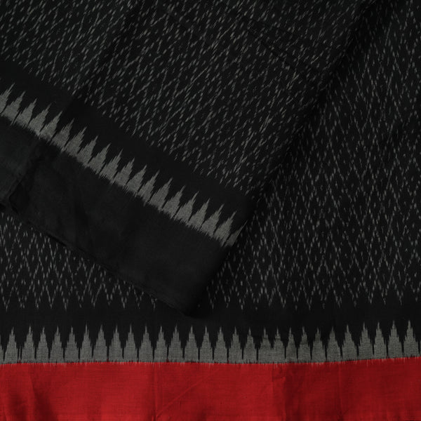 Pure Cotton Mercerised Ikkat Black With Maroon And Black Ganga Jamuna Border Handwoven Fabric