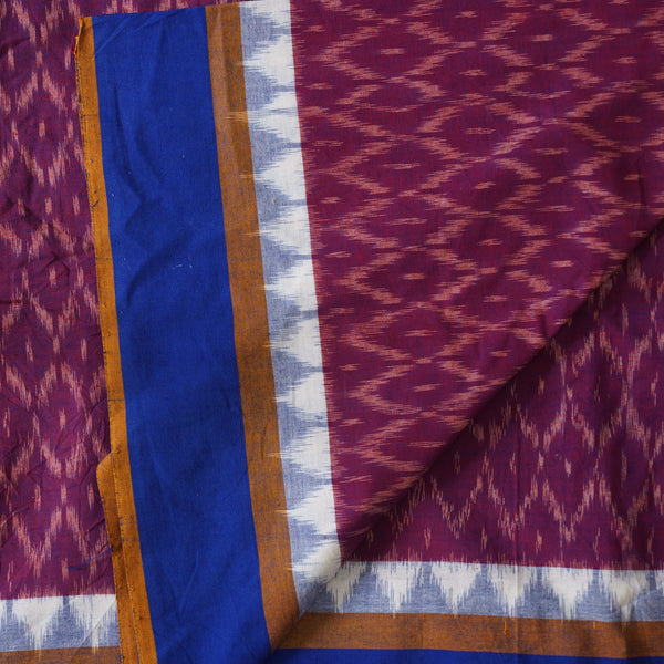 Pure Cotton Mercerised Ikkat Purple And White Jaal And Grey And Blue Border Hand Woven Fabric