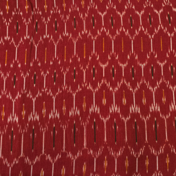 Pure Cotton Mercerised Ikkat Red With Mustard Cream Comb Weaves Woven Fabric