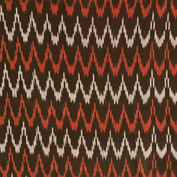 Pure Cotton Mercerised Ikkat Brown With Cream Orange Zig Zag Woven Fabric