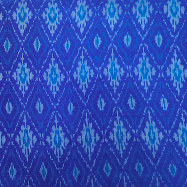 Pure Cotton Mercerised Secco Ikkat Blue With White Diamond Shape Jaal  Hand Woven Fabric