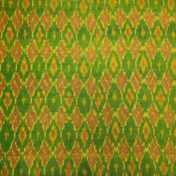 Pure Mercerised Secco Ikkat Green With Mustard Jaal Hand Woven Fabric