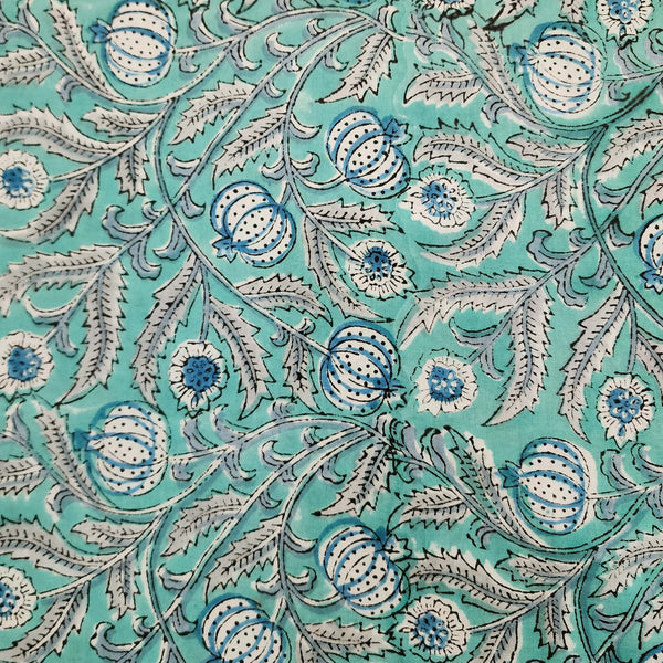 Pure Cotton Mint Green Jaipuri With White Onion Flower Jaal Hand Block Print Fabric