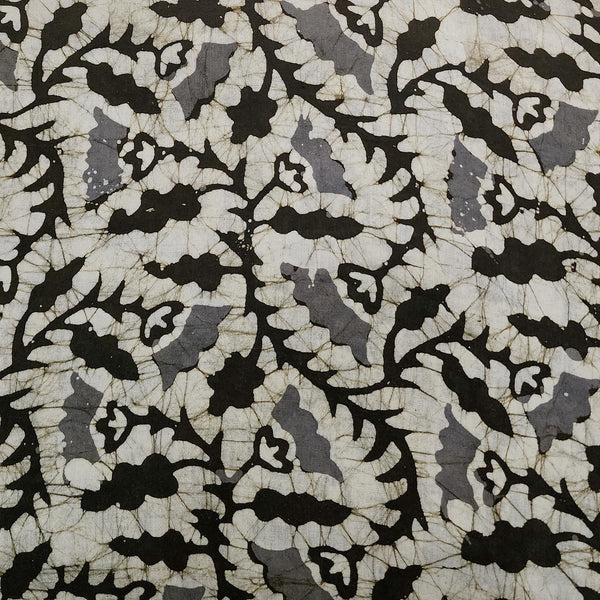 Pure Cotton  Moum Batik Black With Grey Jungle Leaves Jaal Hand Block Print Fabric