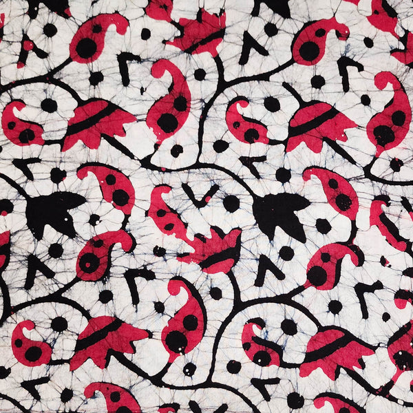 Pure Cotton Moum Batik Off White With Black And Dark Pink Hand Block Print Fabric