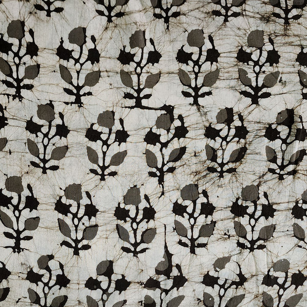 Pure Cotton Moum Batik Off White With Black And Grey Flower Motif Hand Block Print Fabric