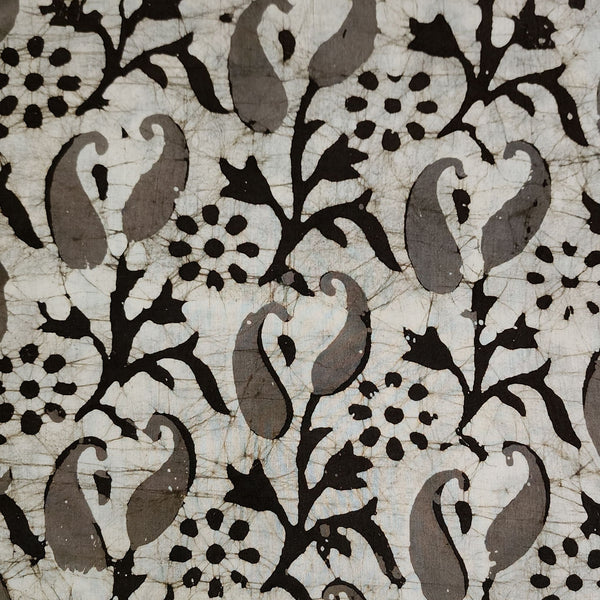 Pure Cotton Moum Batik Off White With  Black With Grey Kairi Flower Jaal Hand Block Print Fabric