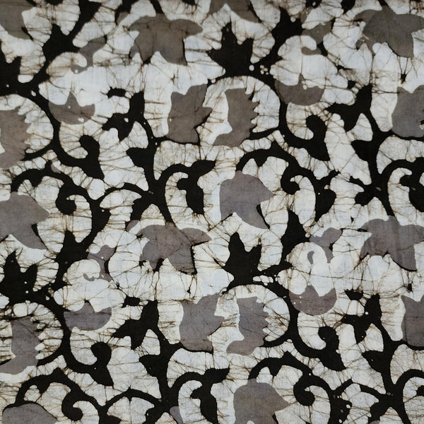 Pure Cotton Moum Batik Off White With  Black With Grey Lotus Flower Jaal  Hand Block Print Fabric