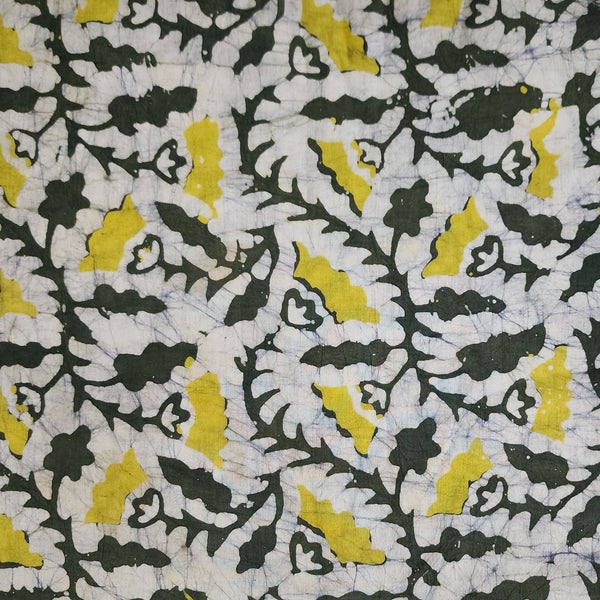 Pure Cotton Moum Batik Off White With Dark Green And Lemon Yellow Jungle Flower Jaal Hand Block Print Fabric