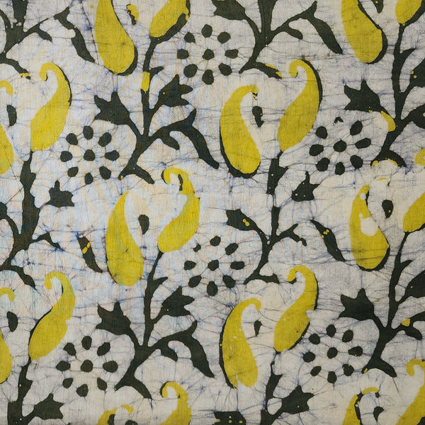 Pure Cotton Moum Batik Off White With Dark Green And Lemon Yellow Kairi Flower Jaal Hand Block Print Fabric