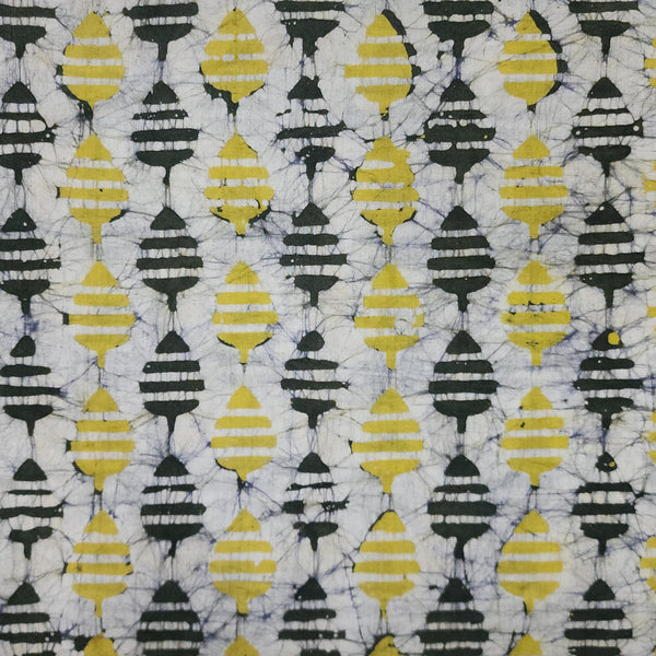 Pure Cotton Moum Batik Off White With Dark Green And Lemon Yellow Leaves Creeper Hand Block Print Fabric