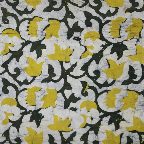 Pure Cotton Moum Batik Off White With Dark Green And Lemon Yellow Lotus Flower Jaal Hand Block Print Fabric