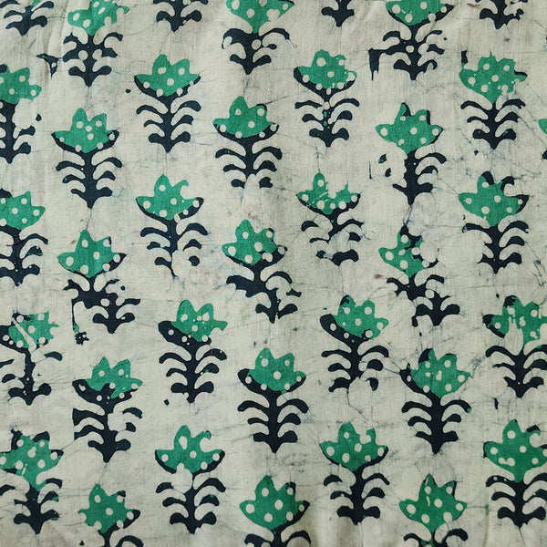 Pure Cotton Moum Batik Off White With Green Flower Motif Hand Block Print Fabric