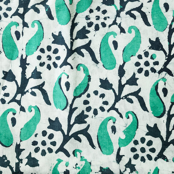 Pure Cotton Moum Batik Off White With Green Kairi Jaal Hand Block Print Fabric