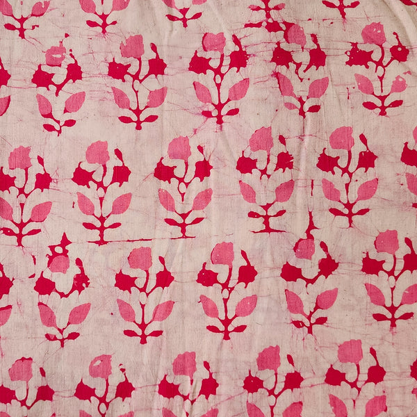 Pure Cotton Moum Batik Off White With Light Pink With Dark Pink Flower Motif Hand Block Print Fabric