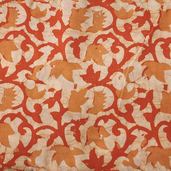 Pure Cotton Moum Batik Off White With Orange With Light Orange Flower Jaal Hand Block Print Fabric