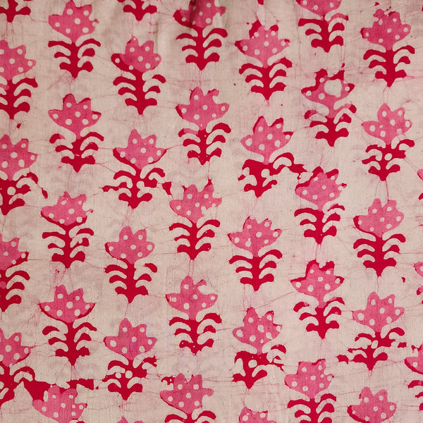 Pure Cotton Moum Batik Off White With Pink Flower Motif Hand Block Print Fabric