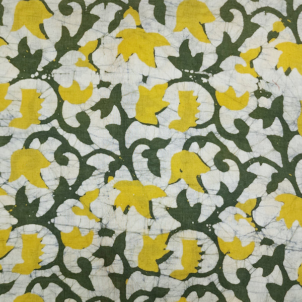 Pure Cotton Moum Batik Yellow With Dark Green Flower Jaal Hand Block Print Fabric