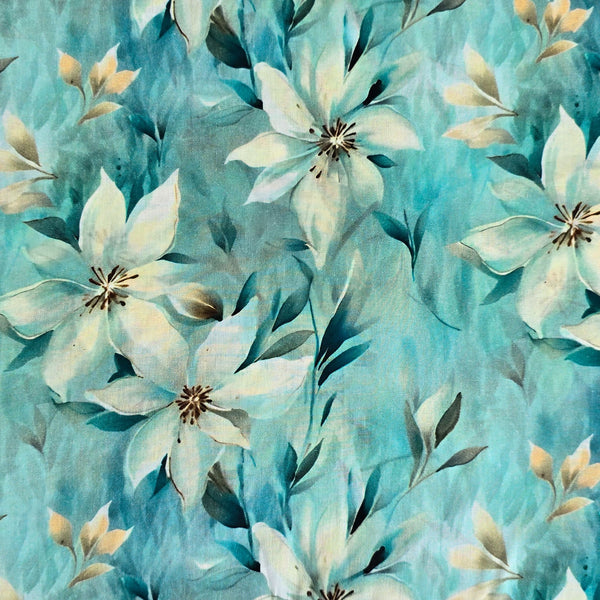 Pure Cotton Mul Blue Floral Flower Jaal Digital Print Fabric