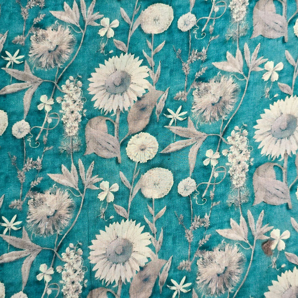 Pure Cotton Mul Blue With White Flower Jaal Digital Print Fabric