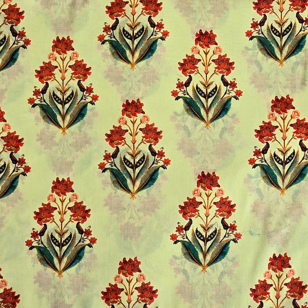 Pure Cotton Mul Green With Red Flower Motif Digital Print Fabric