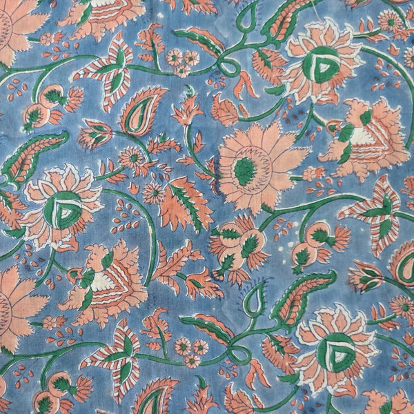 Pure Cotton Mul Jaipuri Blue With Light Peach And White Hand Block Print Fabric