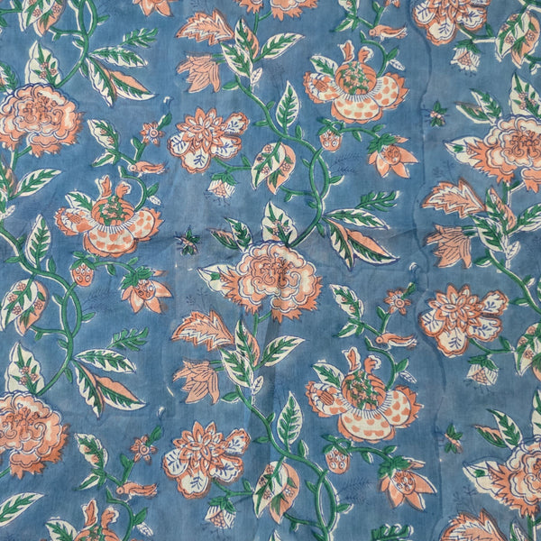 Pure Cotton Mul Jaipuri Blue With Light Peach Flower Jaal Hand Block Print Fabric