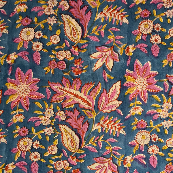 Pure Cotton Mul Jaipuri Blue With Pink And Mustard Flower Jaal Hand Block Print Fabric