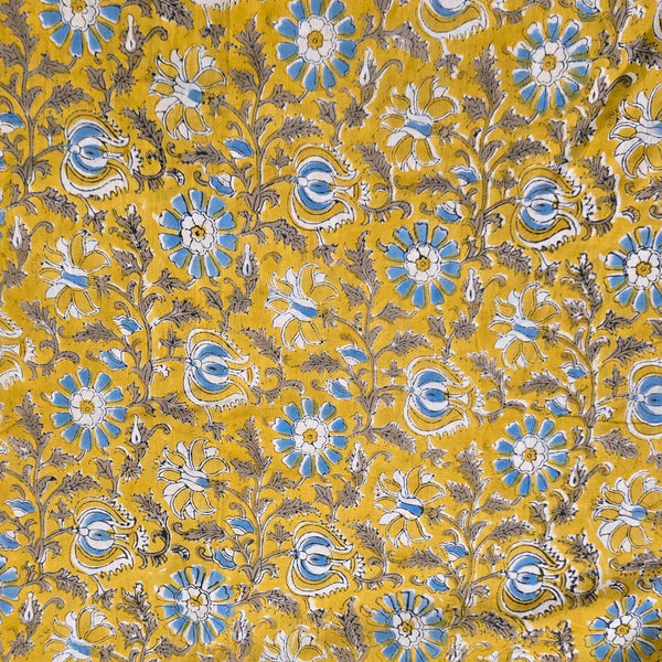 Pure Cotton Mul Jaipuri Mustard With Blue Flower Jaal Hand Block Print Fabric