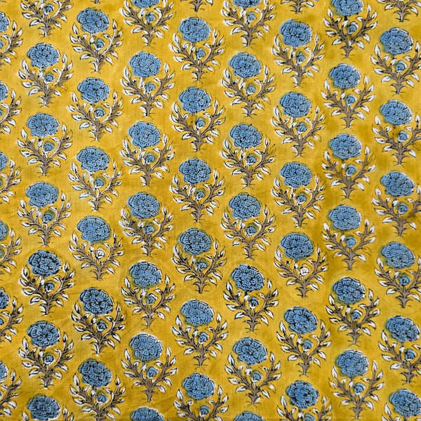 Pure Cotton Mul Jaipuri Mustard With Blue Flower Motif Hand Block Print Fabric