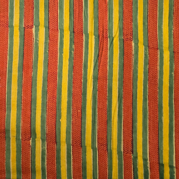 Pure Cotton Mul Jaipuri Mustard With Orange And Yellow Stripes Border Hand Block Print Fabric