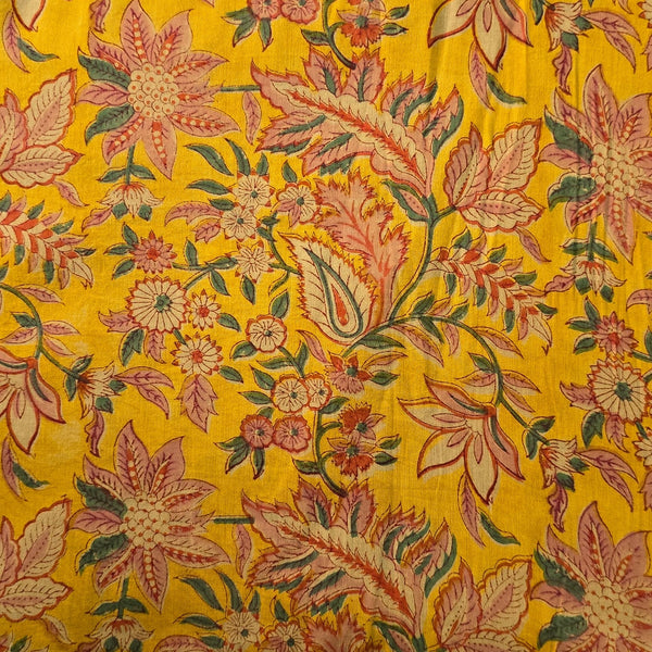 Pure Cotton Mul Jaipuri Mustard With Pink Jungle Flower Jaal Hand Block Print Fabric