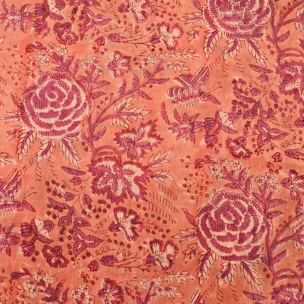 Pure Cotton Mul Jaipuri Peach With Pink Rose Jaal Hand Block Print Fabric